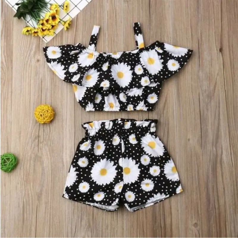 

Kids Baby Girl Summer Toddler Outfits Clothes Off Shoulder Ruffles Shirt Tops Shorts Holidays Casual Girls Clothing 2Pcs Set