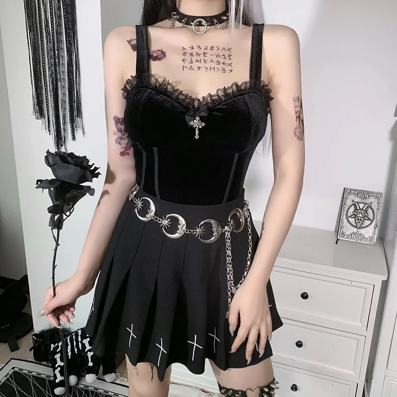 Gothic Women Vest Tank Tops Camisole Sexy Lace T-Shirts Streetwear Club Casual Sleeveless Tops Femme 2021 Summer