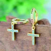 2021 new fashion jewelry gold color blue cz zircon cross dangle earrings for women