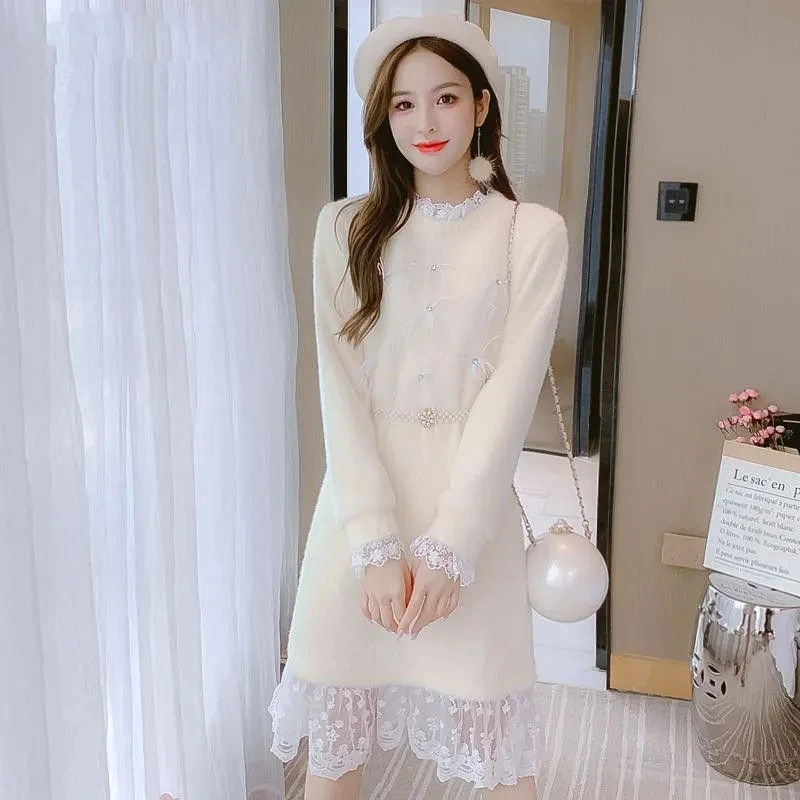 

Winter New Style Korean Mink Fleece Sweater Dress Female Mid-length Slim-fitting Lace Stitching Dress Outer Wear Bottoming Dress
