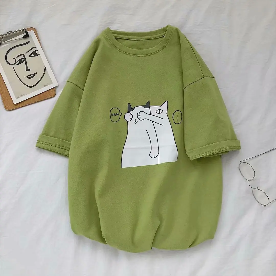 Летняя одежда 2021 свободная футболка с коротким рукавом и принтом кота - купить по