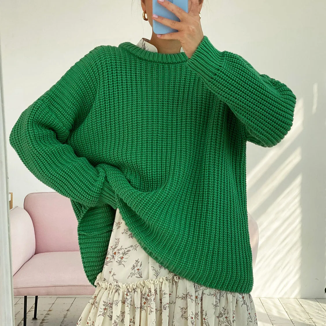 

Женский свитер оверсайз, пуловер сезона осень-зима 2021, вязаный Свободный Повседневный свитер с круглым вырезом и длинным рукавом, женская в...