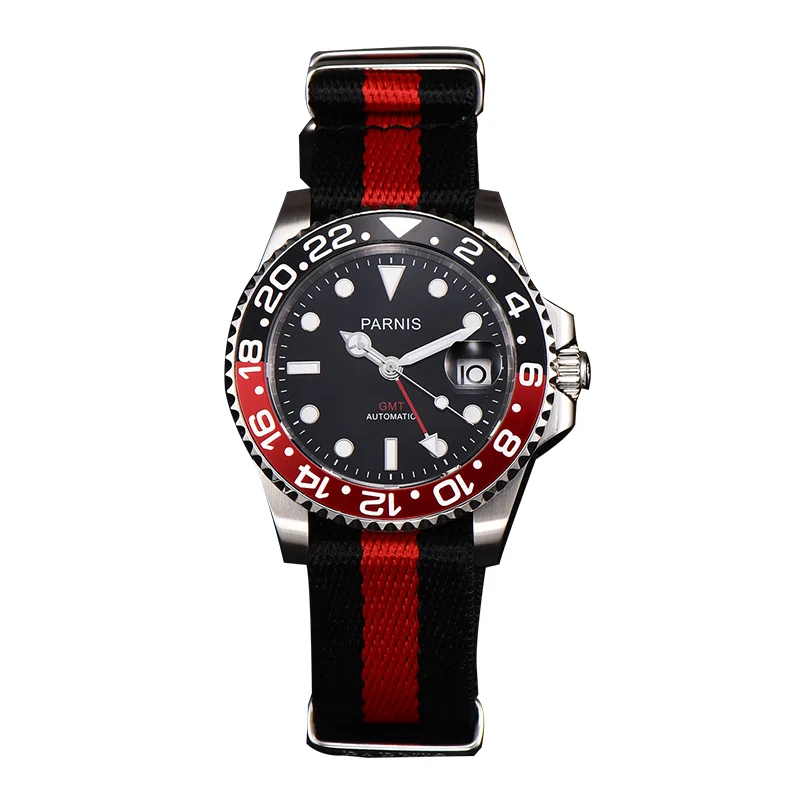 canvas black red Повседневные 40 мм Parnis автоматические мужские часы черный красный ободок резиновый ремешок GMT календарь ныряльщик Мужские механические часы де люкс horloges - Цвет: canvas black red