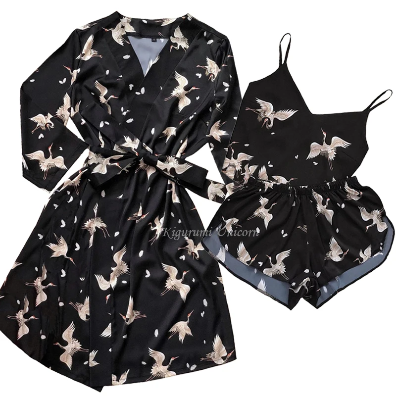 Пижама женская атласная с V-образным вырезом и цветочным принтом | Женская одежда