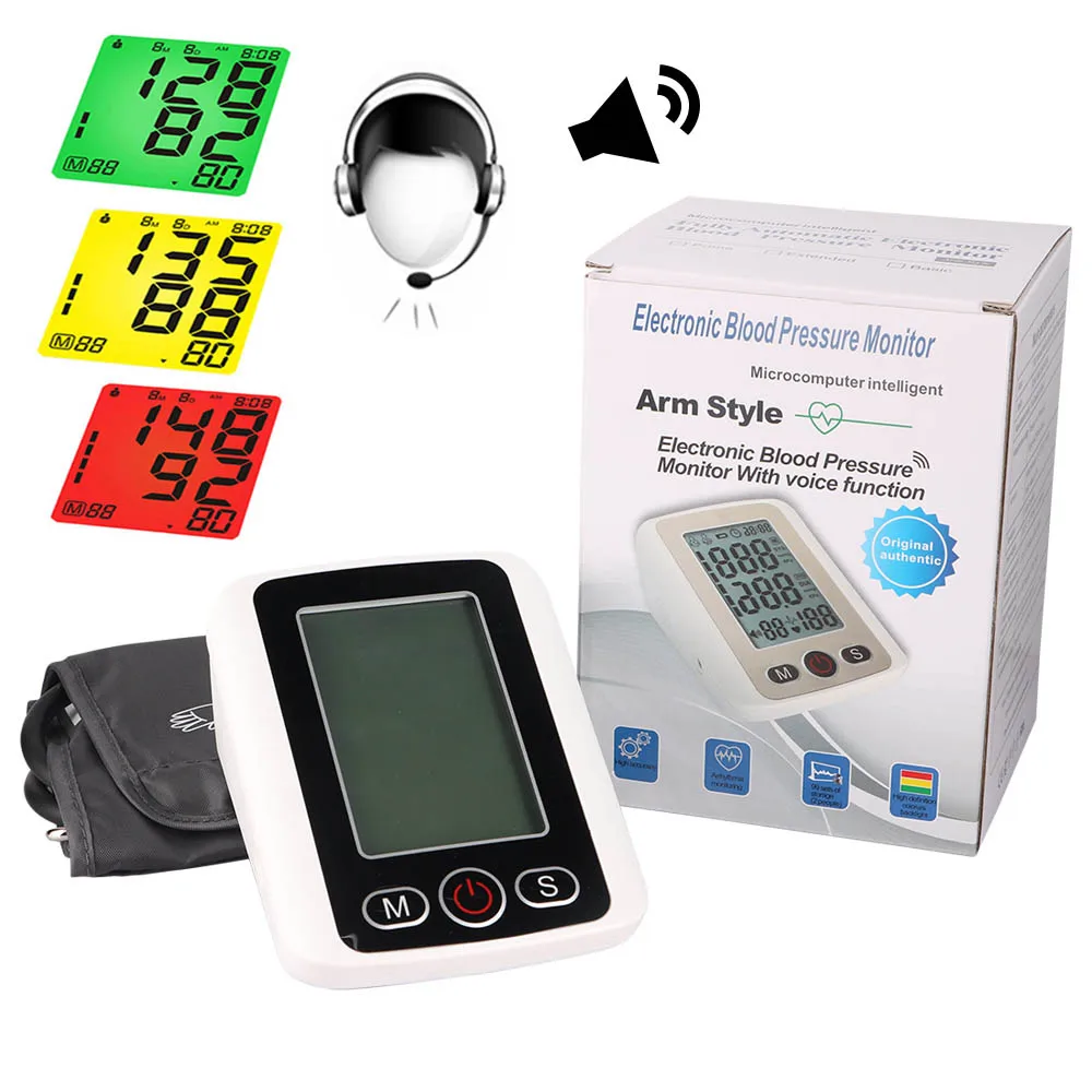 

English Voice Arm Blood Pressure Monitors Automatic Professional Tonometer Cuff For Tensiometer Three-color Backlight HD Screen