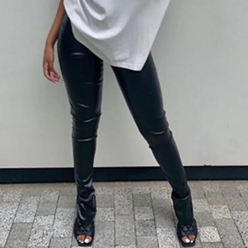 

2021 Faux PU Leather Women Pencil Pants Side Split Skinny Bodycon High Waist Tight Trouser Black Fashion Fall Clothing