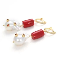 freshwater cultured white keshi pearl red coral dangle cz pave hook earrings women jewelry