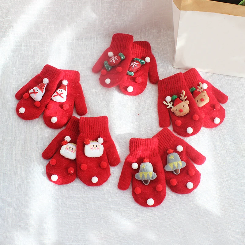 

Red Christmas Adult Child Kids Winter Knitted Gloves Cartoon Santa Elk Warm Mittens Outdoor Gloves