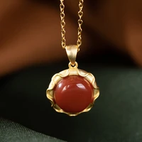 natural 925 sterling silver gilded inlaid round southern red agate retro pendant jewellery fashion for women lucky
