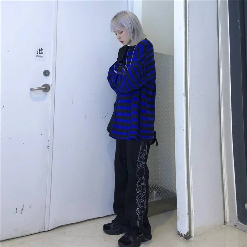 Lychee Harajuku цветная женская футболка с длинным рукавом и круглым вырезом Женская футболка синие и черные осенние женские футболки в полоску