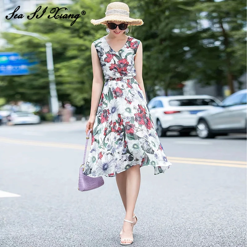 

Seasixiang Summer Fashion Designer Tank Dress Women's Elegant Flower-Print V-Neck sleeveless Chiffon Dresses