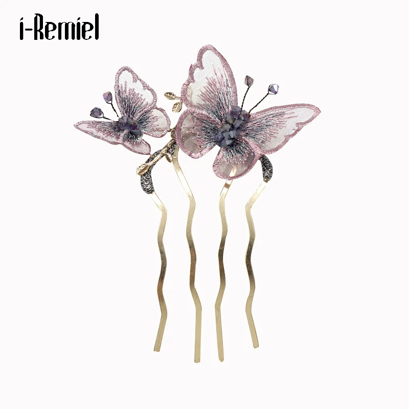 

Elegant Headdress Hair Combs Romantic Embroidery Fabric Hairpin Double Butterfly Fashion Comb Hair Accessories for Bride Jewelry
