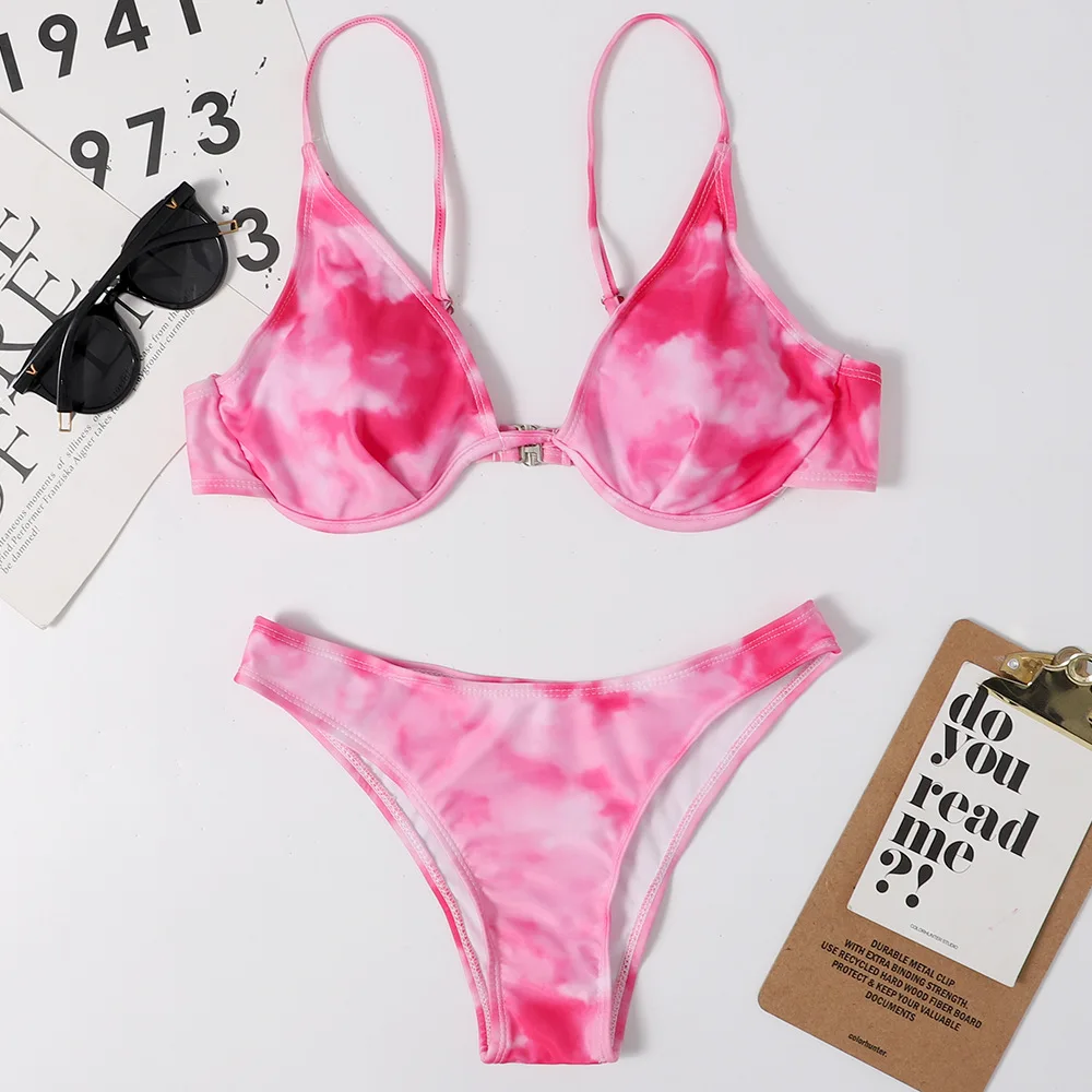 

Sexy Underwire Bikini Set Women Tie Dye Colorful Printed Swimwear High Cut Two Pieces Swimsuit Bathing Suit Beachwear
