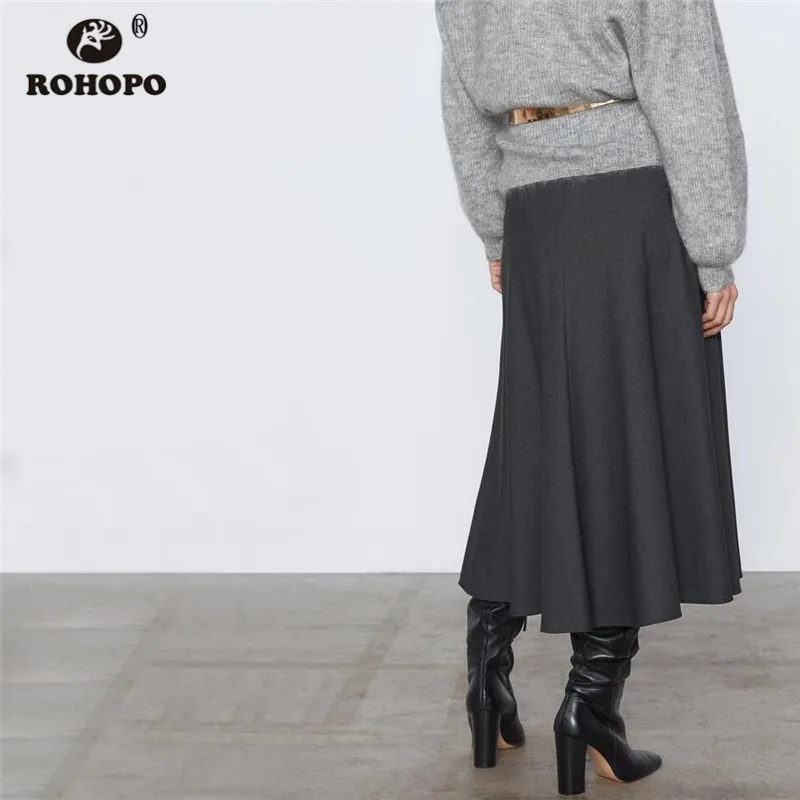 ROHOPO High Waist Midi Skirt Big Flared Hem Pleated Ladies Autumn Mid Calf Grey Falda Back Zipper Closure Tweed Skirts #1413 | Женская