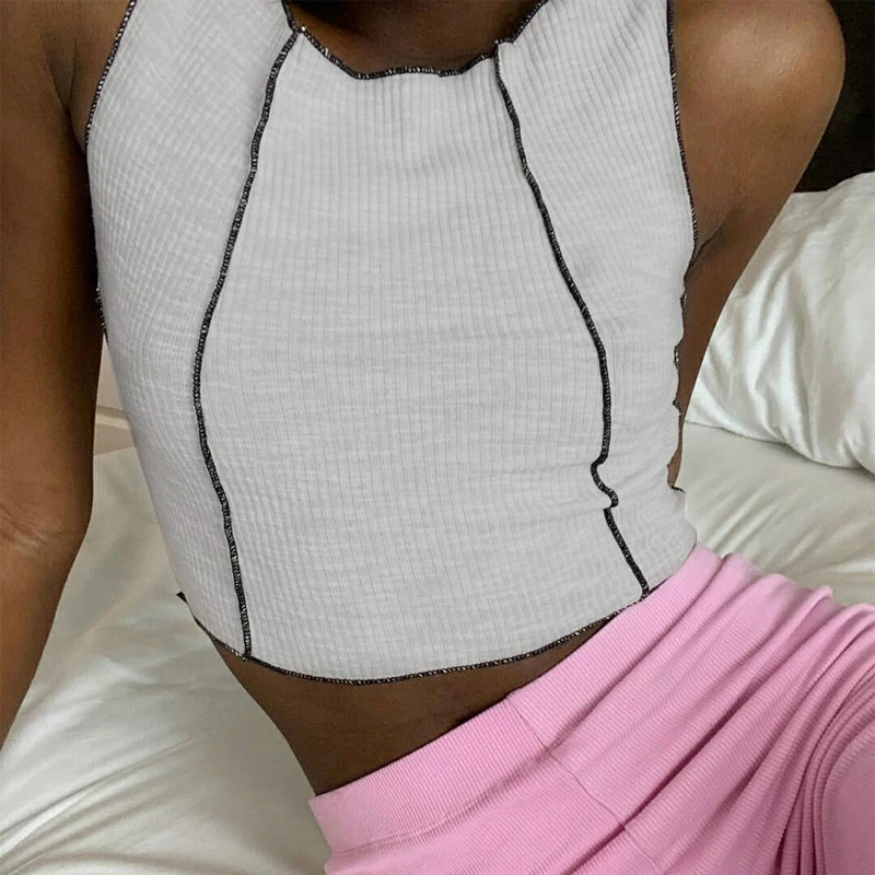 

2021 Summer Women's Stretchy Tank Tops, Sexy Sleeveless Round Neck Stitching Rib Knit Slim Fit Crop Tops