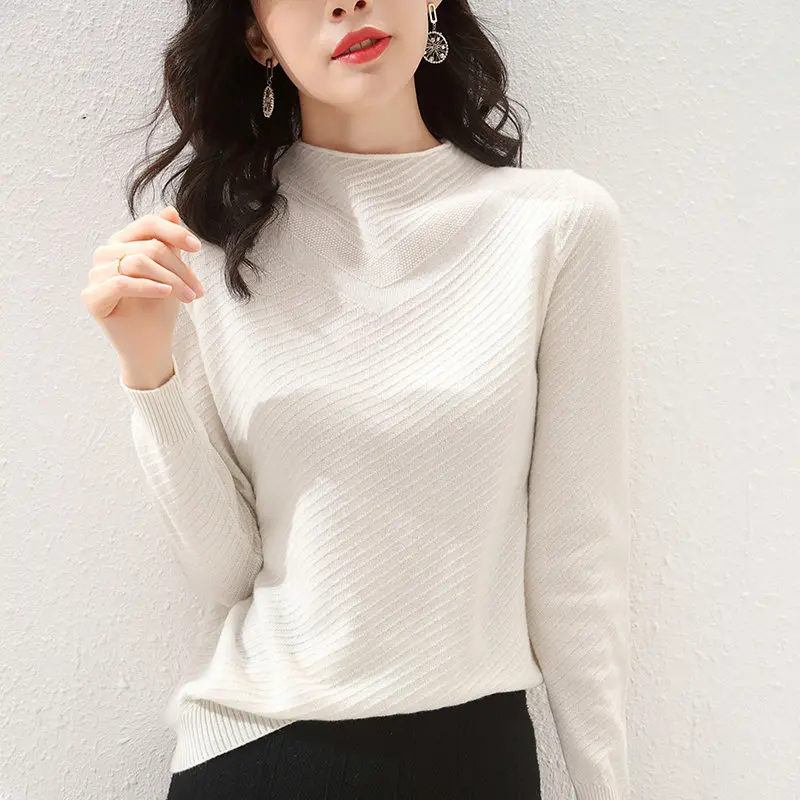 2020 Autumn and Winter New 100% Pure Wool Semi-high Round Neck Woolen Sweater Women's slim Slim Pullover Warm Light Sweate | Женская