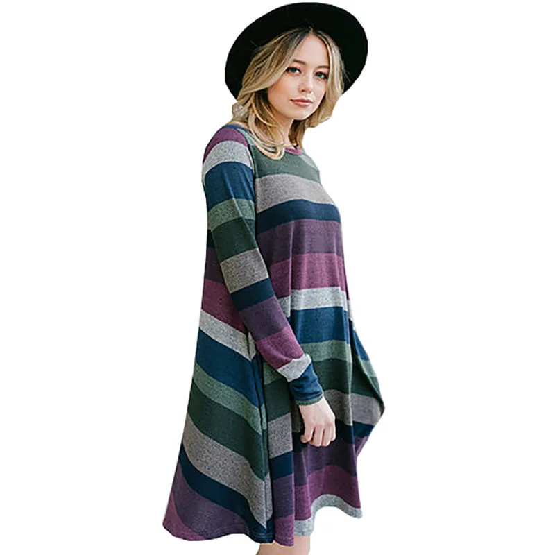 Модное женское осенне-зимнее платье с круглым вырезом и длинным рукавом в