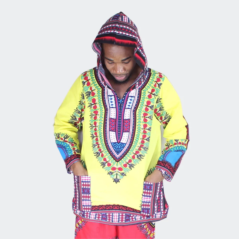 

African Ankara Fashion Design Amercian Yellow and Red Long Sleeve 100% Cotton Hoody T-shirt Dashiki with Hood