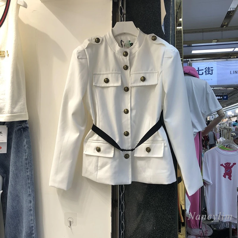 

New Stand Collar Belt Tight Waist Small Suit Jacket Temperament Women's Slim Fit Short Coat Chaquetas Femme Classic White Black