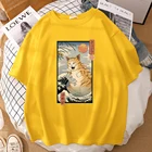 Мужская футболка Ukiyo-E Style с принтом оранжевого кота, летняя уличная футболка, повседневная, Спортивная, дышащая, большого размера, футболка для мужчин
