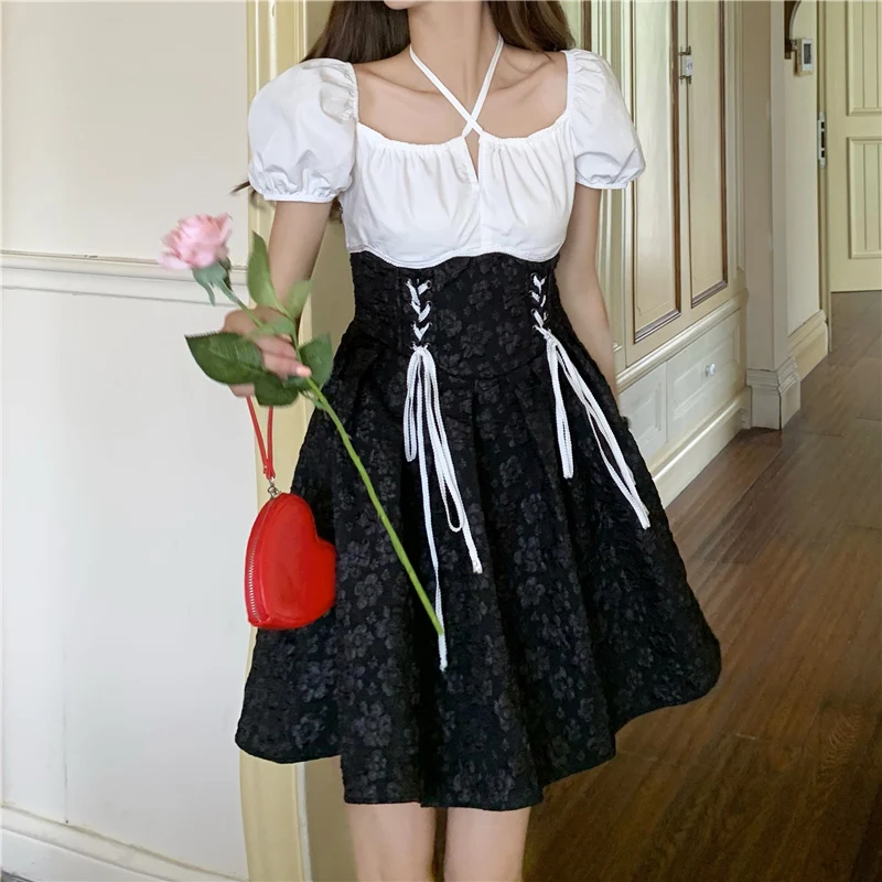 

Женское винтажное мини-платье с коротким рукавом, черное Повседневное платье с цветочным принтом, модель Y2k в Корейском стиле на лето, 2021