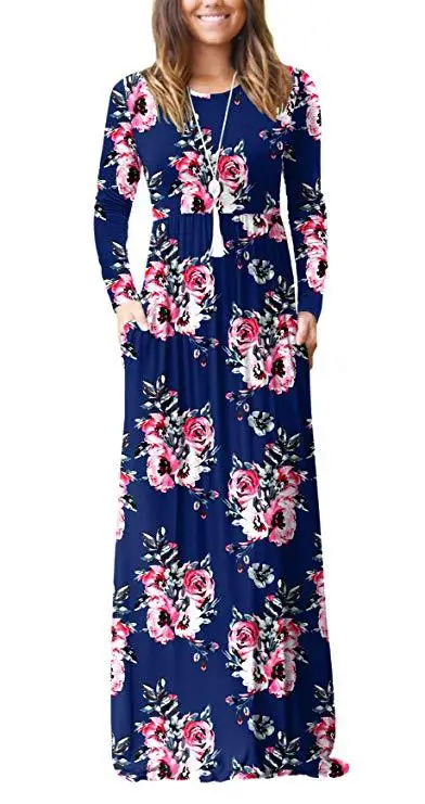 Autumn / Winter 2020 Printed Long Sleeve Pocket Dress Round Neck Waist Skirt