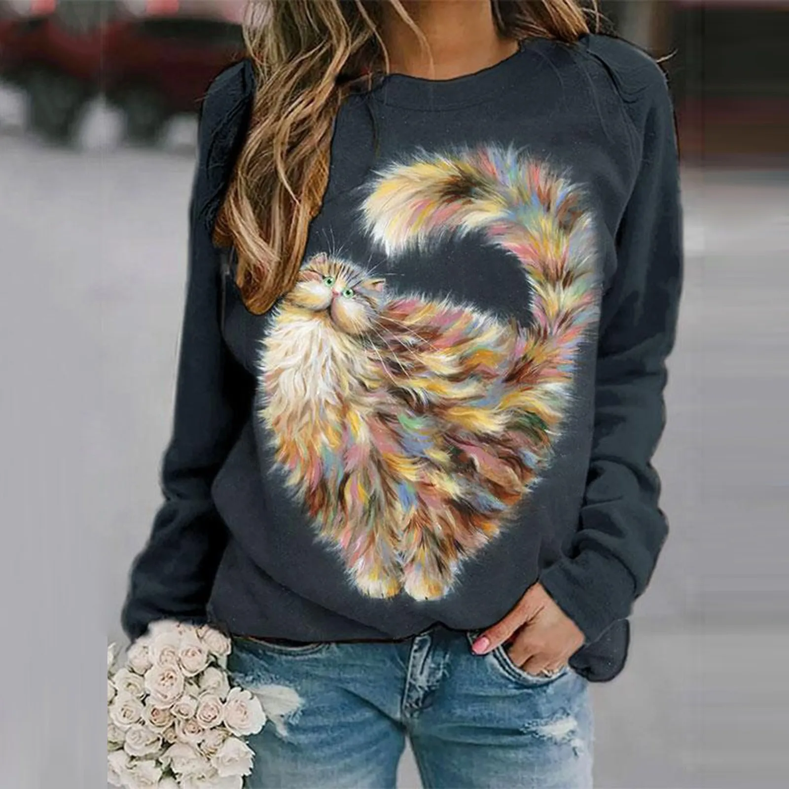 

Aesthetic Rainbow Cat Print Sweatshirt Women's Autumn Spring Crewneck Long Sleeve Casual Loose Female Tops Blouse Sudadera Mujer