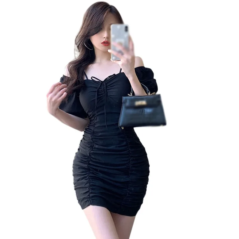 DAXIN Summer Women Korean Style Retro Lady Dress Solid Puff Short-Sleeve Pleated Hip Design Slim Vestidos Femme vestido de mujer