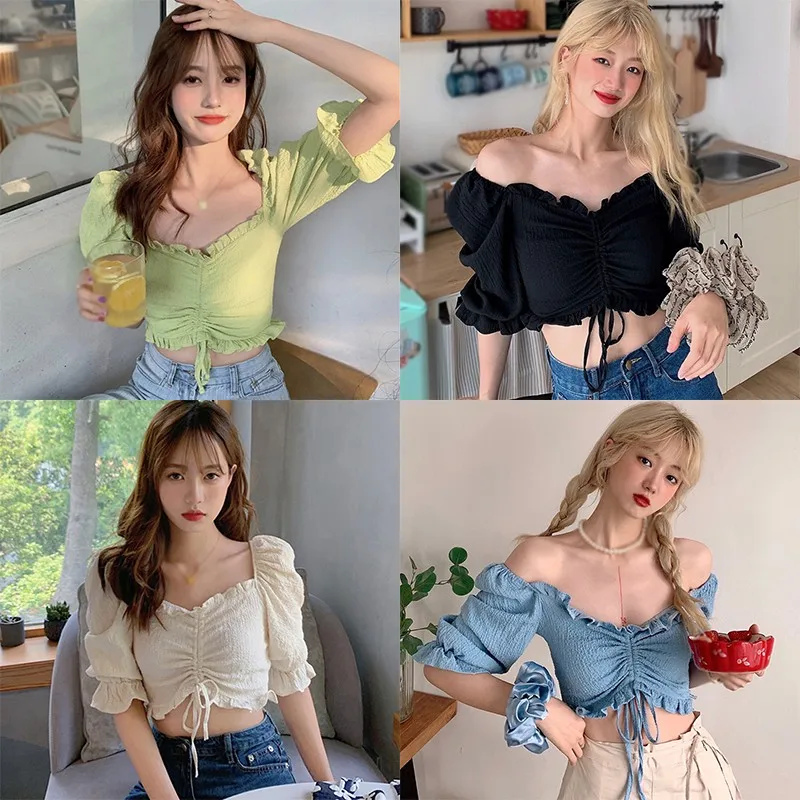 

Women's Blouse Fashion Wild Solid Color Slash Neck Crop Top Sweet Sexy Short Sleeve Drawstring Lace-up Bow Shirt