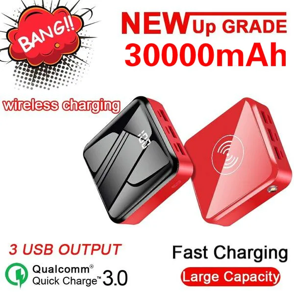 30000 мАч Беспроводное зарядное устройство Power Bank мини с 3 портами (стандарт