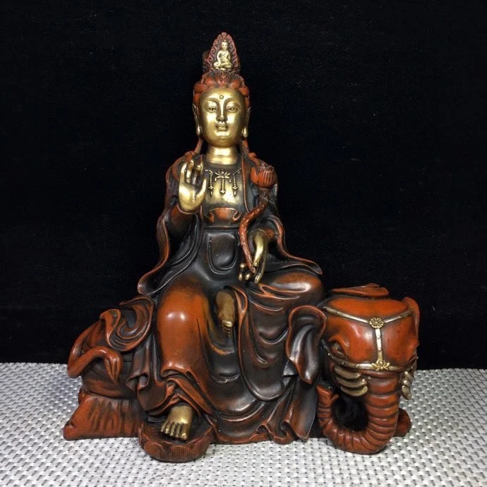 

Home Decor 9" Tibet Buddhism Old Bronze Gilt Real gold silver Samantabhadra Buddha statue Guanyin riding a white elephant statue