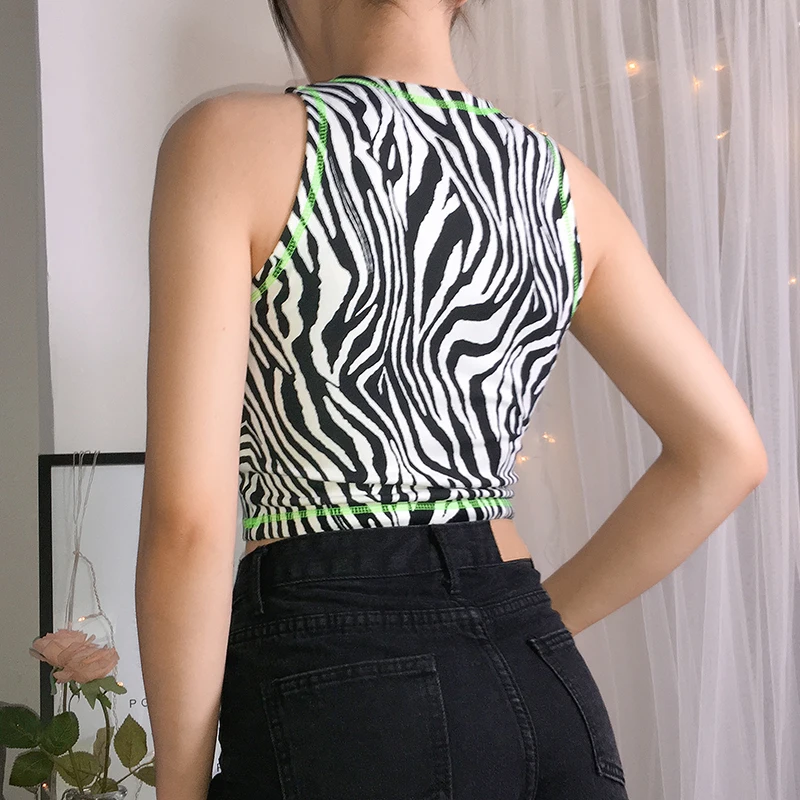 Майка без рукавов с рисунком зебры женская сексуальная укороченная летняя