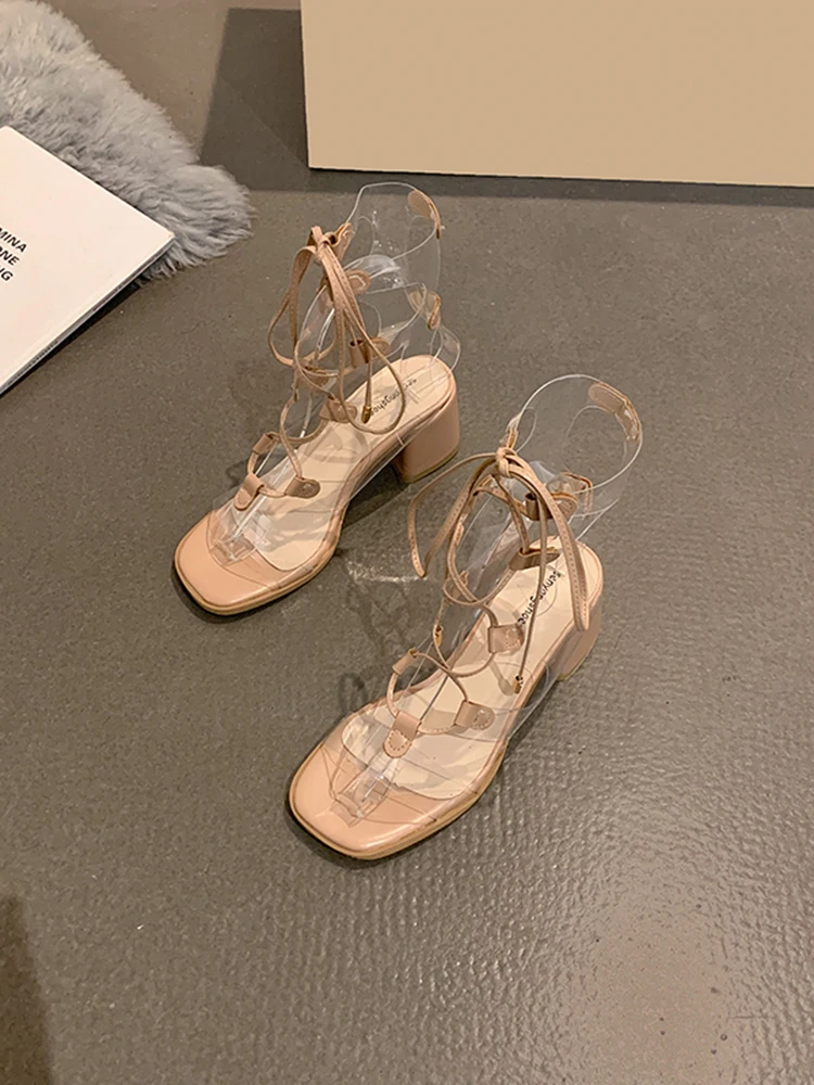 

Beige Heeled Sandals Fashion Womens Shoes 2021 All-Match Black Lace Up Luxury Gladiator High Comfort Block New Retro Outside Sum