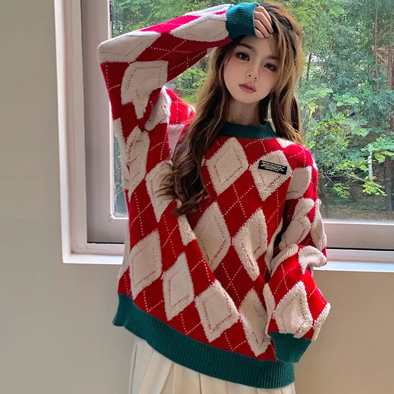 

Женский свитер, новинка 2021, корейский модный элегантный универсальный Свободный Повседневный вязаный пуловер с круглым вырезом и рождеств...