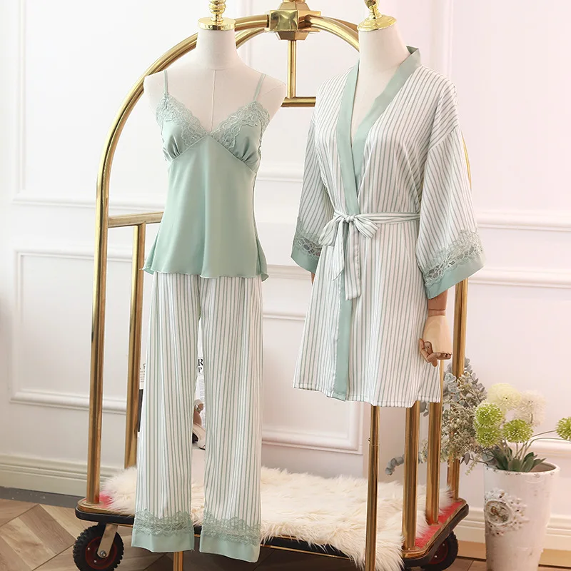 

Summer New Loose Casual Women Robe Suit Silk Satin Lace Sexy Ladies Loog Sleeve Three Piece Set Sleepwear Homewear