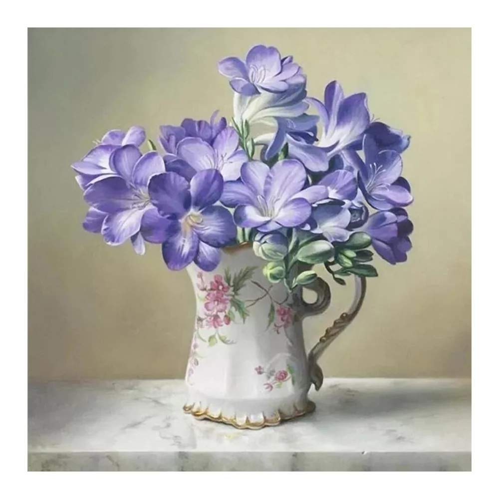 Голубая кустовая Лилия цветы композиция в вазе Алмазная картина круглая полная