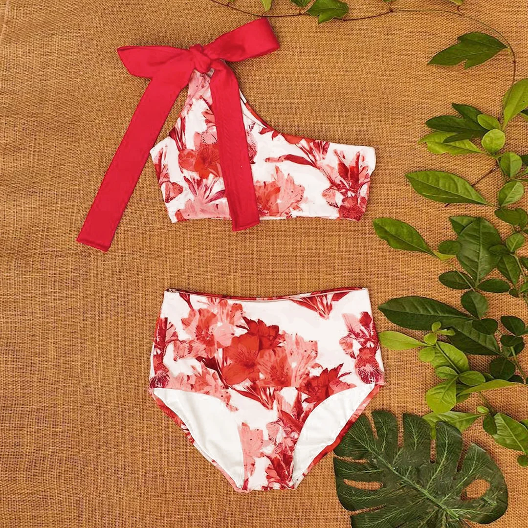 

High Waist Bikinis Red Bow Shoulder Separate Swimsuit Plant Printing Swimwear Woman Push Up Beach Set