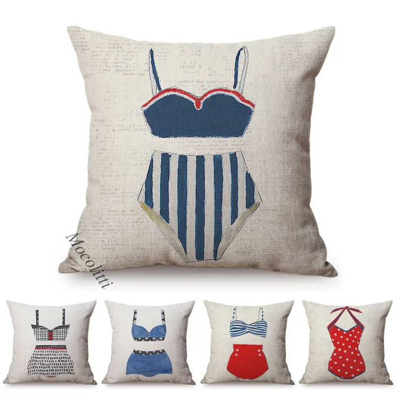 

Nordic Sexy Bikini Vintage Swimwear Hand Painted Poster Design Sofa Throw Pillow Case Cotton Linen Room Decorative Cushion Cover