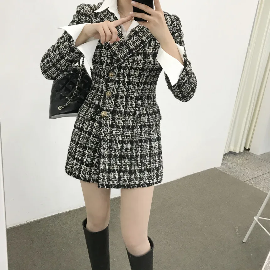 

Elegant Tweed Blazer Dress For Women Spring Autumn Vintage Plaid Long Sleeve Single Breasted Mini Suit Dress Lady Office Vestido