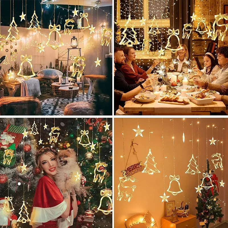

LED Deer Bells Curtain Light EU US Christmas Garland String Fairy Lights Outdoor For Home Wedding Party New Year Decor