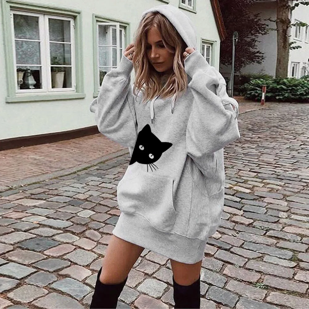 ELSVIOS Милый рисунок с кошкой Длинный свитшот платье для женщин 2019 осень-зима