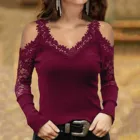 Блузка Женская кружевная однотонная с V-образным вырезом и длинным рукавом, 40 #
