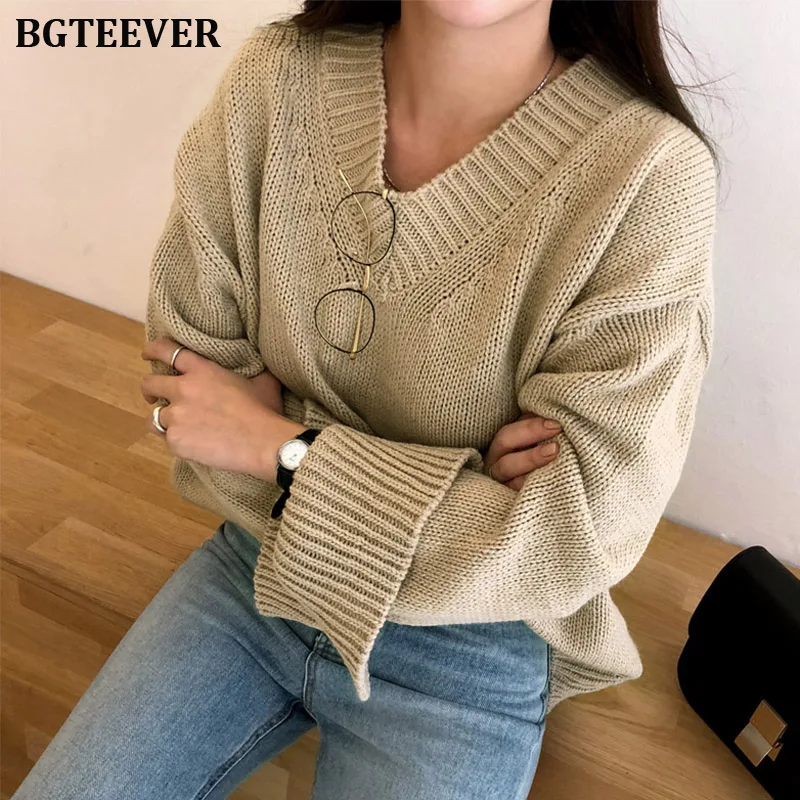 2020 New Autumn V-neck Knitted Female Pullover Casual Tops Split Sleeve Women Sweater Loose Warm Jumpers Outerwear | Женская одежда