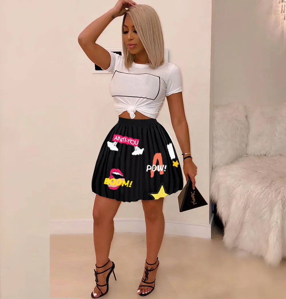 

2021 New Summer Fashion Women's Clothing Black Chiffon Stretch Fly Mid-Print Patchwork Pleated Skirt