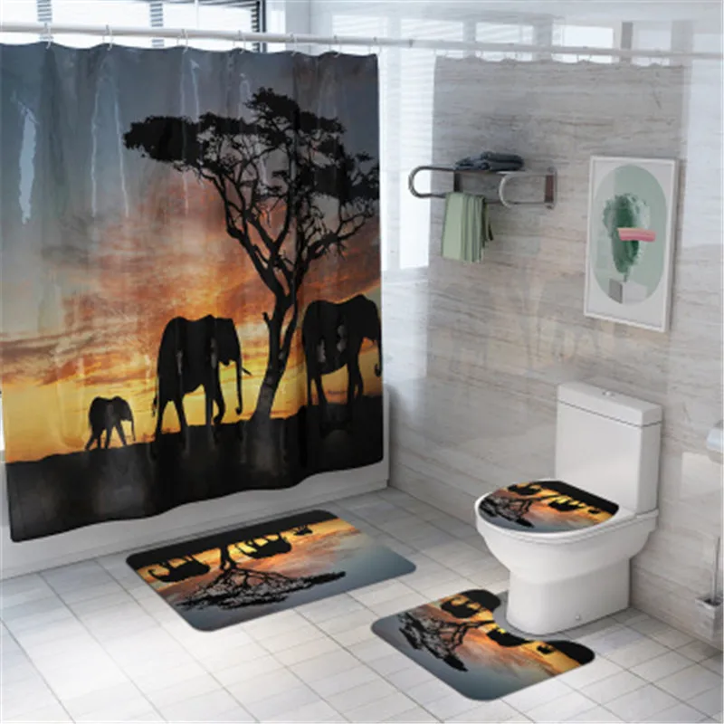 

4Pcs/set Bathroom Mat Set Non-slip Digita Print Elephant Bath Mat Coral Fleece Shower Curtain Floor Mat Washable Toilet Rug