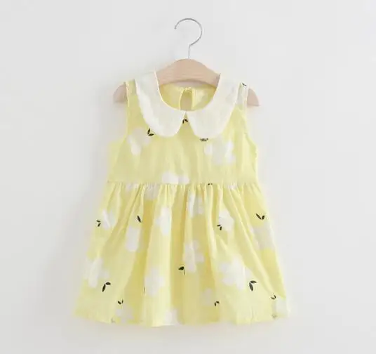 Light Yellow Одежда для девочек; летние детские Платья с цветочным рисунком; хлопковый жилет с воротником «Питер Пэн»; платье трапециевидной формы без рукавов - Цвет: Light Yellow