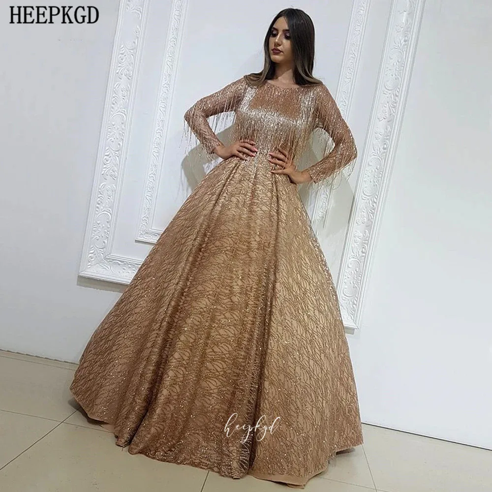 

Sparkly Gold Ball Gown Long Sleeves Saudi Arabic Evening Dress Glitter Tassel Luxury Prom Party Dresses Custom Made Abendkleider
