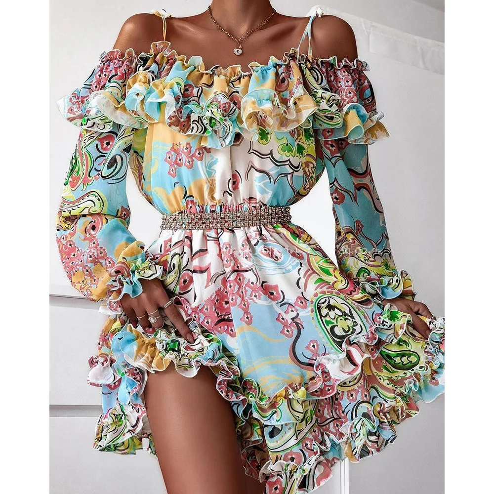 

2021 Printed High Waist Slit, Thin Shoulder, Short Skirt, Forged Surface Clothes