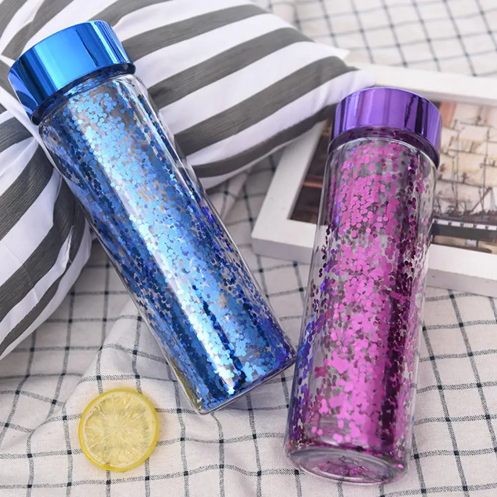 

Water Bottle Double-layer Vacuum Cup Plastic Water Kettle Bottle With Sequined For Outdoor Camping Office 600ML