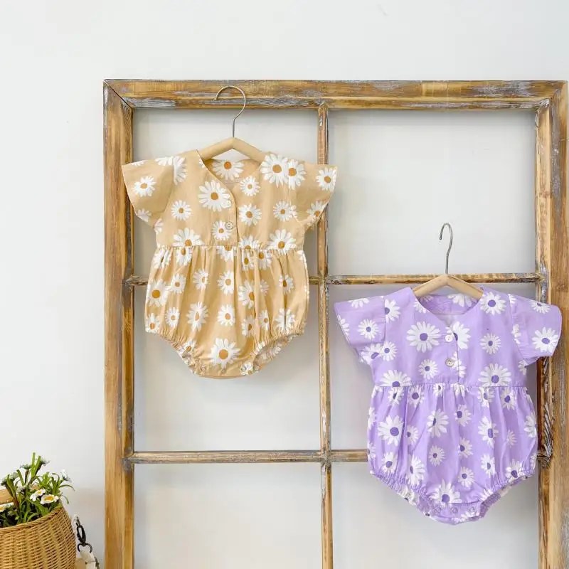 

2021 Summer New Baby Girl V-neck Bodysuit Flower Print Short Sleeve Clothes Cotton Toddler Girl Onesie Little Daisy Jumpsuit